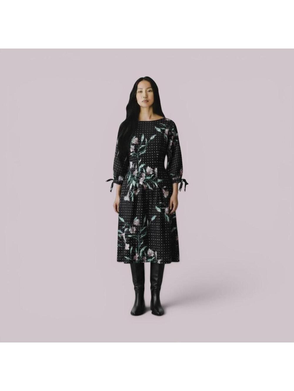 Black Floral Midi Dress with Balloon Sleeves and Tie Cuffs - Picture 3 of 3